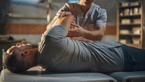 Doctor or physiotherapist examining patient's shoulder during rehabilitation session
