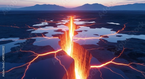 Volcanic eruption with lava flows.