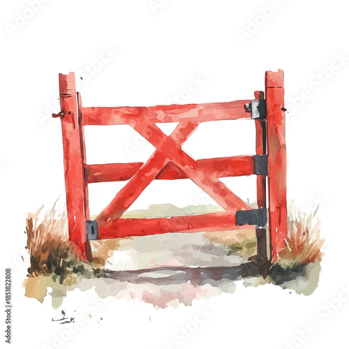 A vectorized, Hand-painted style, vector set available in EPS An Elegant watercolor painting design collection_Watercolor_style_painting_of_a_red_farm_gate_on_a_white
