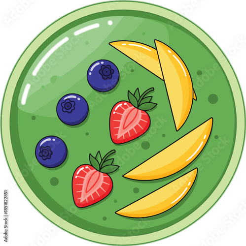 Healthy green smoothie bowl with banana slices, strawberries and blueberries, fresh vegan breakfast food concept, colorful flat vector illustration