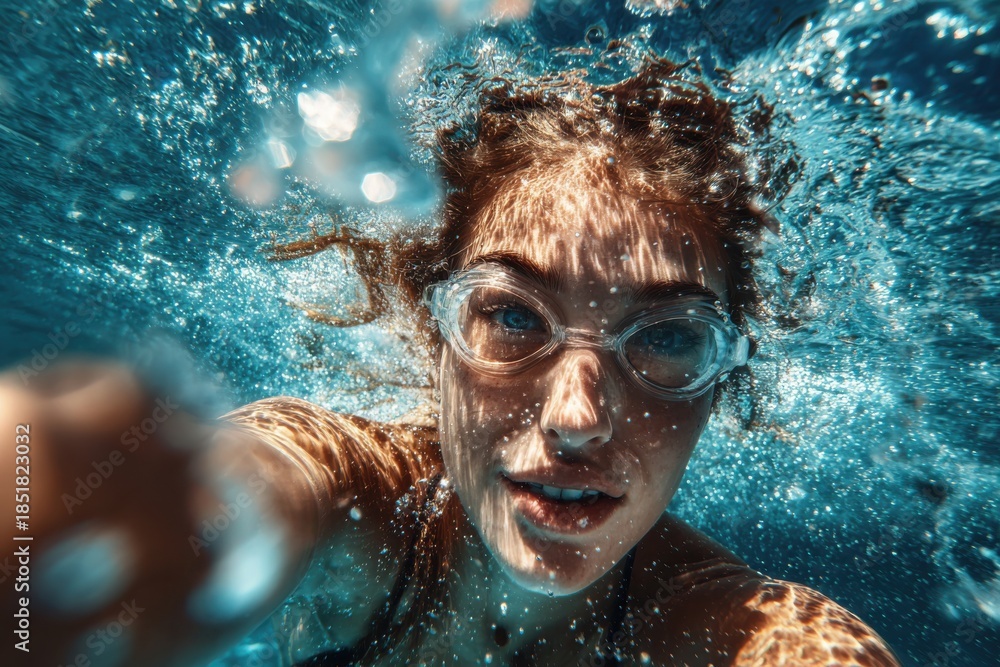Fototapeta premium Joyful Young Woman Diving in Tropical Sea