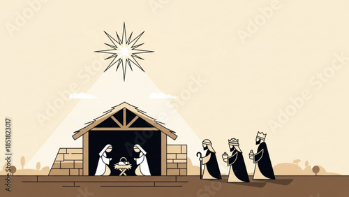 The Holy Night: A serene scene unfolds, depicting the nativity of Jesus. A sacred illustration for the holy season. 