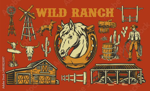 Wild ranch scene illustration