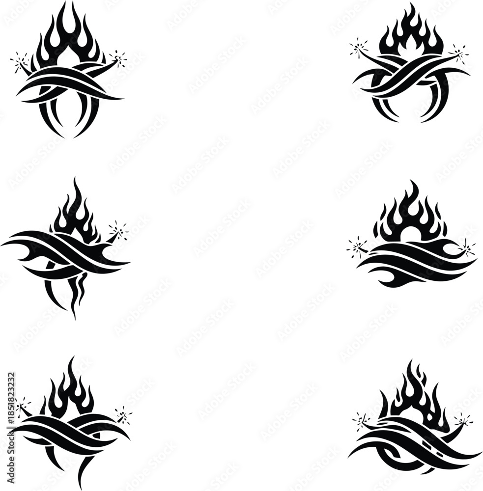 Obraz premium Tribal fire and flame vector icons set for tattoo designs and graphic elements in black and white silhouette style for creative projects.