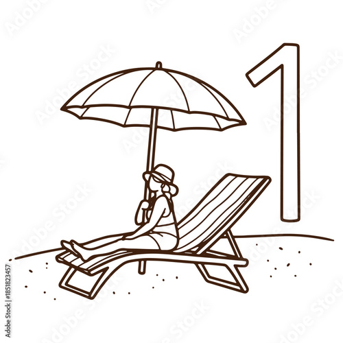 Relaxing Woman on Beach Chair with Umbrella Sunbathing in Summer Vacation Scene
