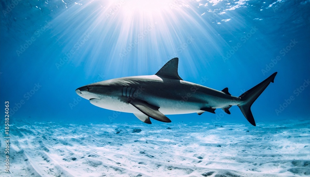 Fototapeta premium Side-view of a shark gliding through clear blue ocean with sunlight filtering from above.