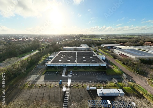 Photos Aerial drone view of large scale cutting-edge technology and futuristic infrastructure of a large-scale data center in Milton Keynes, UK