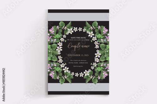 WEDDING INVITATION FRAME WITH FLOWER DECORATIONS AND FRESH LEAVES