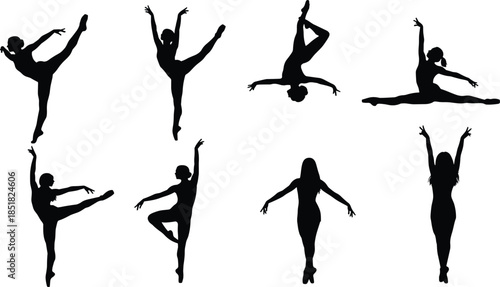 Black dancer and cheerleader silhouettes collection, ballet and gymnastics poses with pom poms, athletic female performance vector illustrations isolated on white background