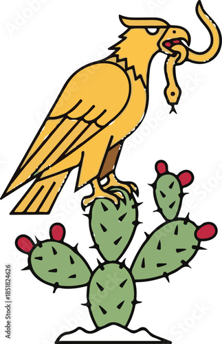 Cartoon Yellow Bird on Cactus Plant.