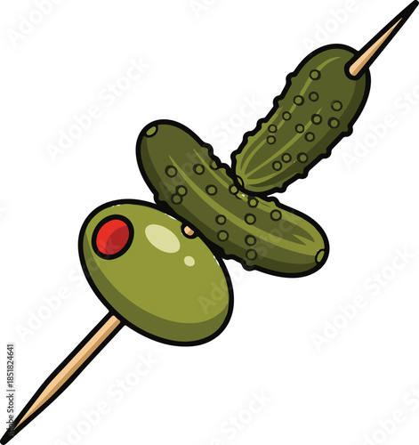 Green Olives and Pickles on Toothpick.