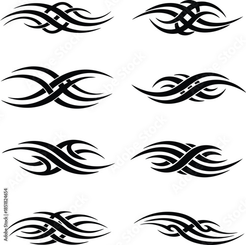 Set of abstract tribal tattoo borders and decorative armband elements in black vector silhouette for body art projects.