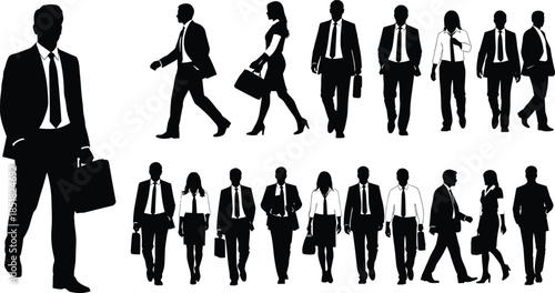 Business people silhouettes collection, professional men and women in suits walking with briefcases, corporate office workers set, isolated black vector flat illustrations