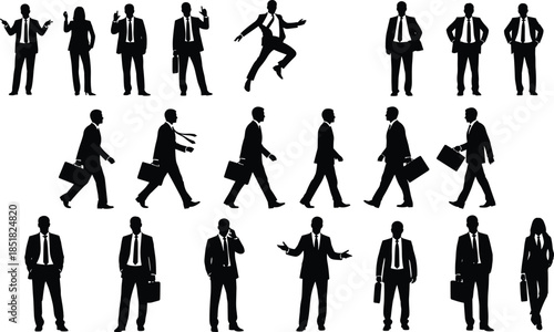 Business people silhouettes set featuring businessmen and businesswomen walking, jumping, standing with briefcases, talking on phone, and professional corporate office worker poses.