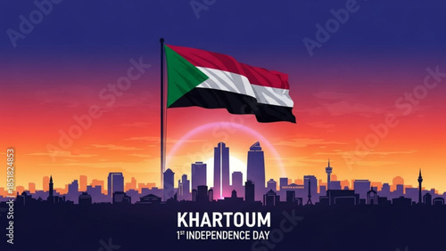 Khartoum's Independence: A vibrant illustration showcases the Sudanese flag waving proudly against a backdrop of the Khartoum skyline, celebrating the nation's independence day. 