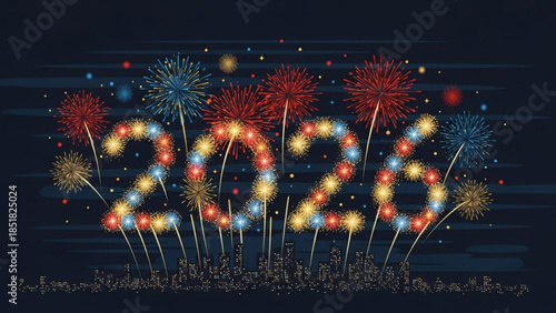 New Year's Eve 2026 Celebration: A vibrant display of fireworks illuminates the night sky, with the numbers 2026 sparkling brightly.