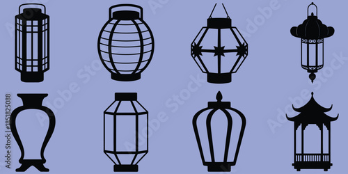 silhouette collection of decorative lanterns featuring a variety of shapes and styles for festive occasions, home decor, celebrations, cultural events, and traditional holiday design projects.