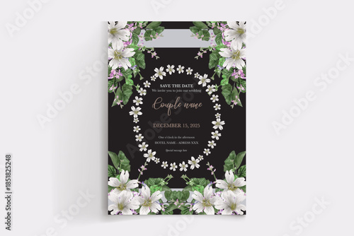 WEDDING INVITATION FRAME WITH FLOWER DECORATIONS AND FRESH LEAVES