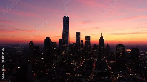 Aerial View of the Lower Manhattan Skyline Silhouette at Sunset.
