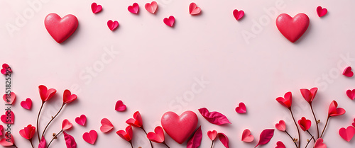 Red heart decorations arranged as a frame on soft pink background with empty center symbolizing love romance valentine celebration and copy space