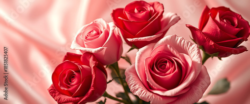 Pink and red roses arranged together with soft lighting and pastel background symbolizing love romance beauty and floral elegance