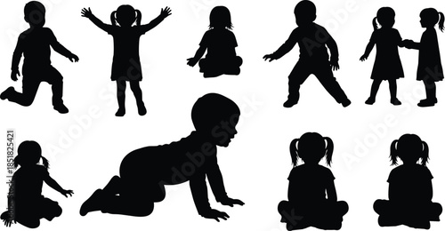 Collection of cute children silhouettes, happy kids playing and sitting positions, toddler crawling and standing figures, childhood nursery vector illustration, isolated black icons.