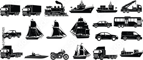 Comprehensive transportation silhouette set featuring black vector icons of trucks, ships, trains, cars, and motorcycles for logistics, shipping, and global delivery design projects