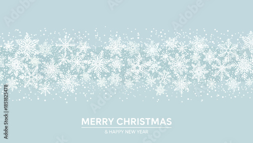 Merry Christmas festive background with delicate white snowflakes on a light blue canvas, ideal for greeting cards, banners, and seasonal holiday designs.