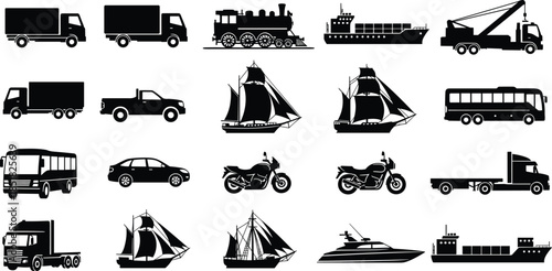 Comprehensive transportation silhouette set featuring black vector icons of trucks, ships, trains, cars, and motorcycles for logistics, shipping, and global delivery design projects