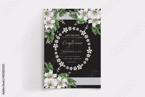 WEDDING INVITATION FRAME WITH FLOWER DECORATIONS AND FRESH LEAVES