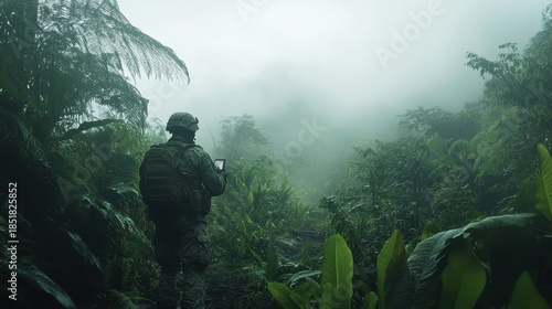 Soldier equipped with GPS device tracking through dense, misty jungle terrain.