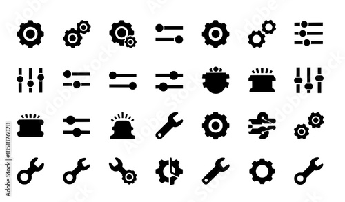 Settings icon sheet vector collection with solid gear and control symbols isolated on transparent background