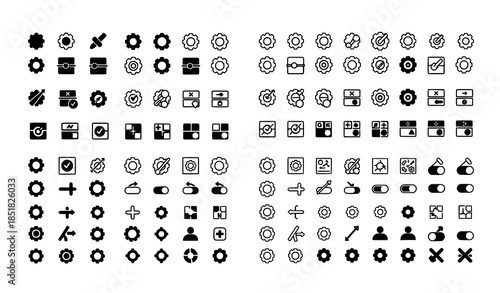 Multi style settings icon collection vector sheet with gear symbols isolated on transparent background