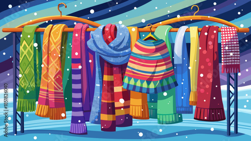 Colorful knitted winter scarves hanging neatly on a rack as gentle snow falls around them, creating a cozy seasonal atmosphere with vibrant textures and warm winter fashion vibes