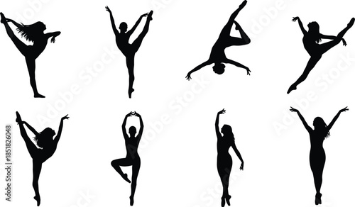 Graceful female gymnast silhouettes in artistic poses, rhythmic gymnastics movements, ballet dancer positions, athletic woman stretching, yoga exercise vector illustration, elegant dance performance