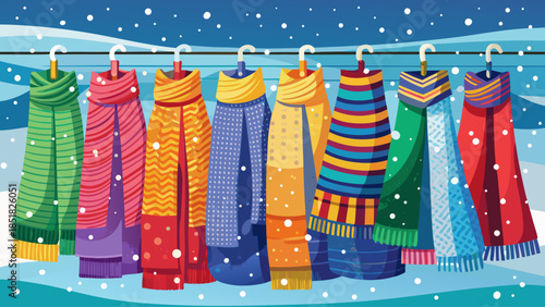 A row of bright knitted winter scarves displayed on a rack during falling snow, showcasing rich colors and soft textures that evoke warmth, comfort, and festive winter style