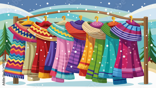 A row of bright knitted winter scarves displayed on a rack during falling snow, showcasing rich colors and soft textures that evoke warmth, comfort, and festive winter style