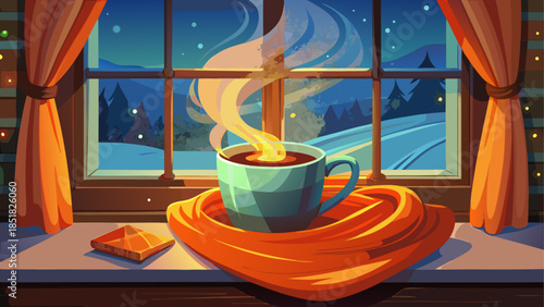 Steaming cup of hot coffee wrapped in a soft orange knitted scarf, placed by a window on a cozy winter evening, warm light glowing, creating a comforting and intimate seasonal atmosphere
