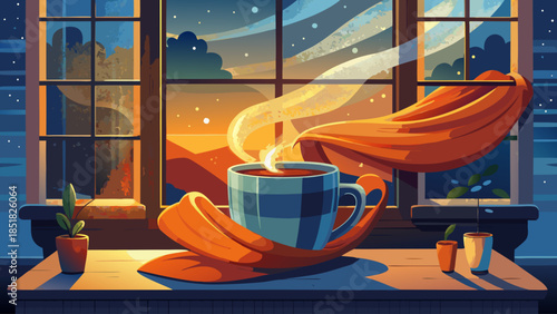 A warm cup of coffee releasing steam, gently wrapped in an orange wool scarf near a window, capturing a peaceful winter evening mood filled with comfort, warmth, and cozy aesthetics