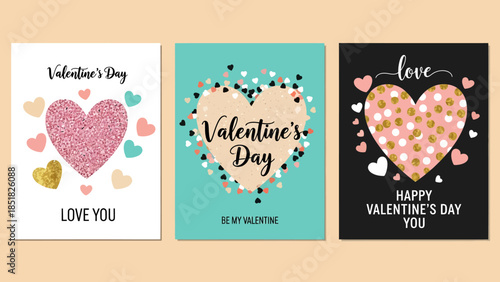 Set of three Valentine's Day greeting cards featuring heart motifs, cute polka-dot hearts, and love messages