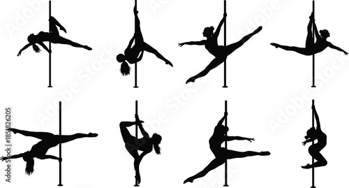 Pole dance silhouette set, female dancers performing acrobatic fitness poses on poles, athletic woman gymnastic movements, vector illustration for sports and dance design