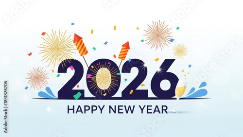 New Year 2026 Celebration: Capturing the excitement of new beginnings, the image showcases festive elements like fireworks, and a celebratory drink.