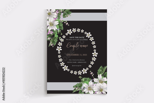 WEDDING INVITATION FRAME WITH FLOWER DECORATIONS AND FRESH LEAVES