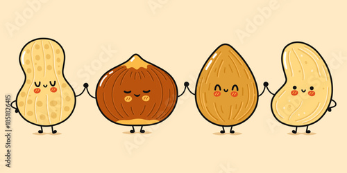 Happy cartoon nuts holding hands friendship concept