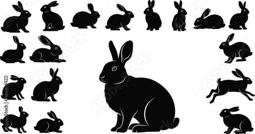 Rabbit and bunny silhouette collection, set of black hare vector icons isolated on white background for easter design, wildlife animals, and nature graphics.