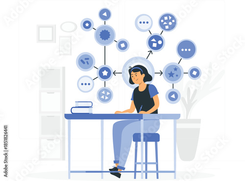 Illustration of woman working on laptop surrounded by social media icons in modern workspace environment
