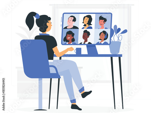 Woman sitting at desk with computer and call on screen des