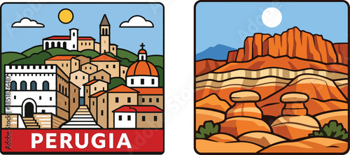 Wide Perugia Italy Scene Illustration With Hilltop Architecture Historic Streets And Italian Cultural Heritage