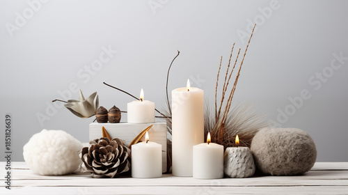 Cozy winter arrangement with candles and natural elements on wooden table
