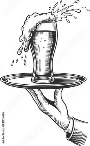 Waiter Serving Foamy Beer on Tray Line Art Illustration.